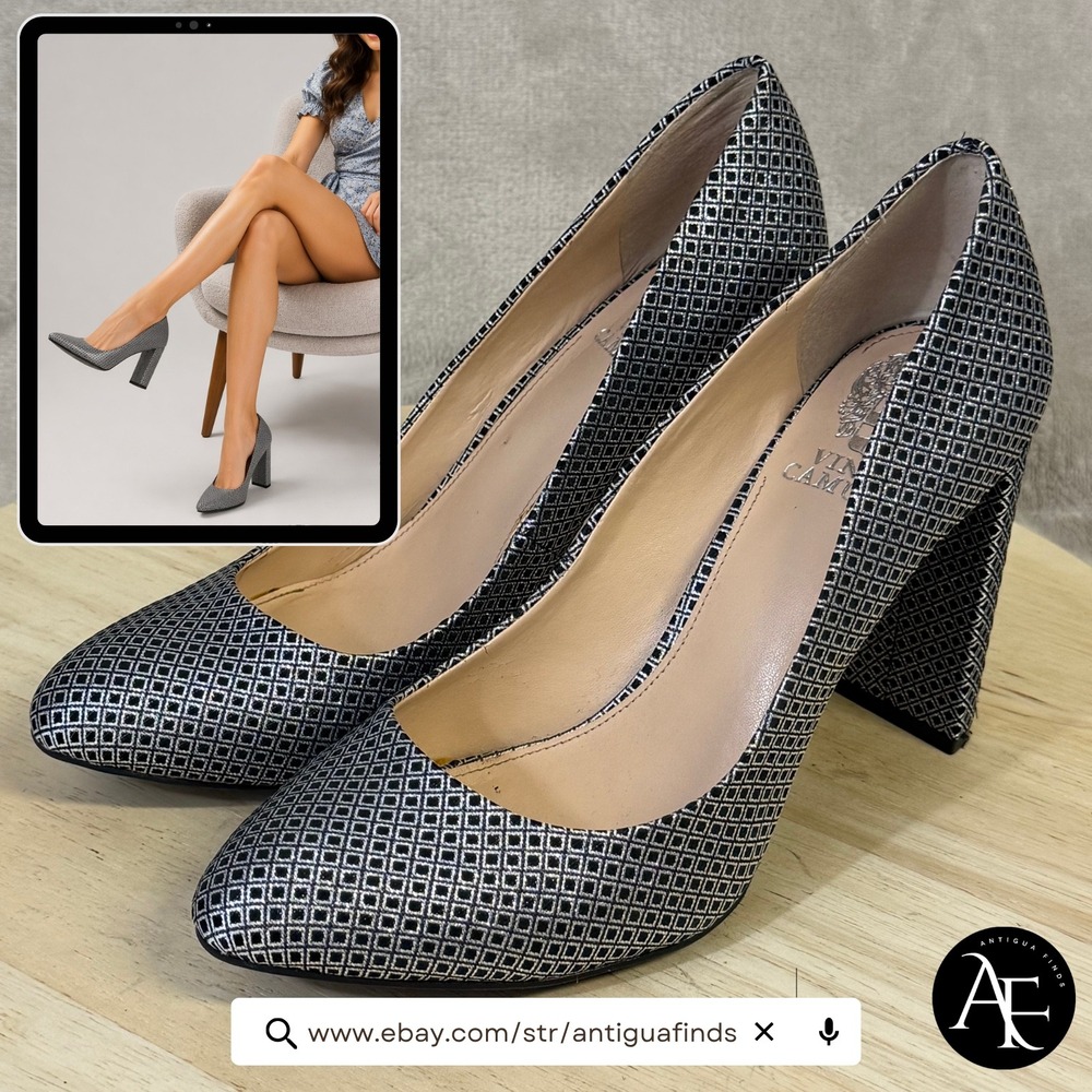 Vince Camuto Womens Silver Black Geometric Diamond Block Heel Pumps‎ Size 8.5 M